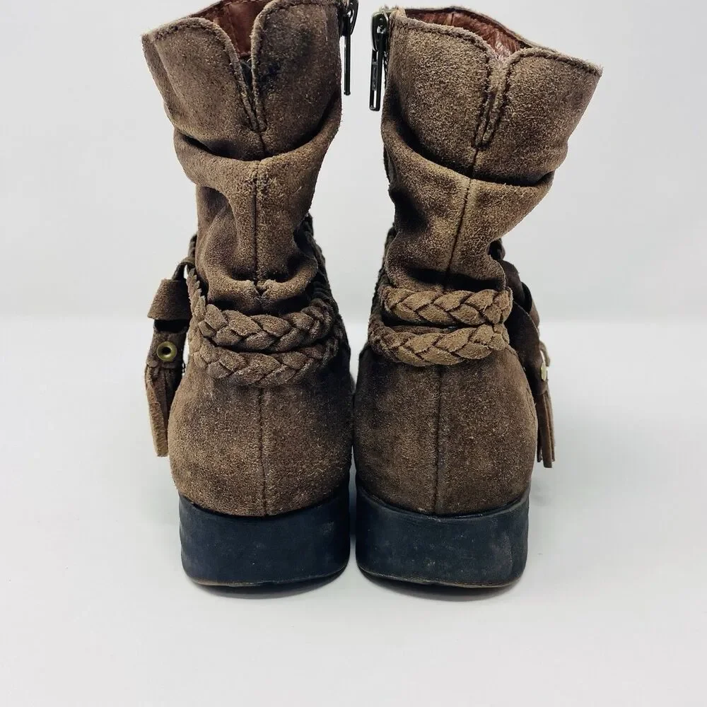 Born 7 Brown Ouvea Slouchy Zip Ankle Boots Distressed Suede Boho Western Braided